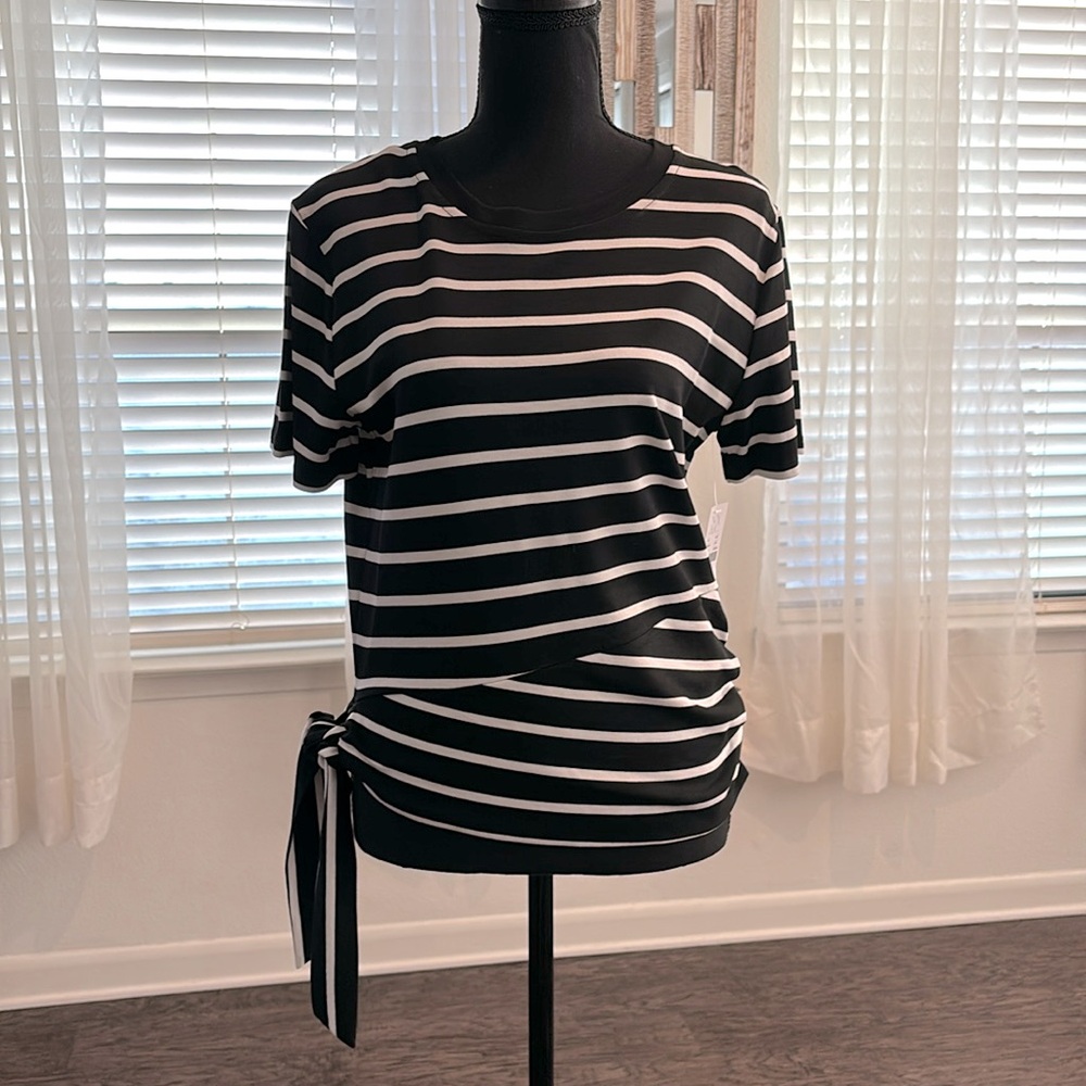 NWT: Soho NYC Collection - Black & White Striped Shirt, Short Sleeve, Side Tie